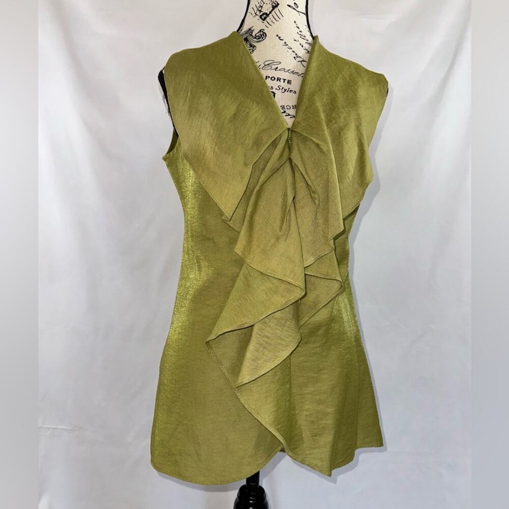 Farinaz Taghavi: Unique Chartreuse Sleeveless Linen Ruffle Tunic